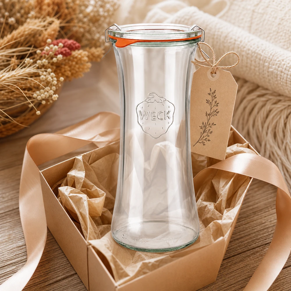 Tarro delicatessen WECK 700ml RR80 envuelto para regalo con lazo y etiqueta en decoración rústica