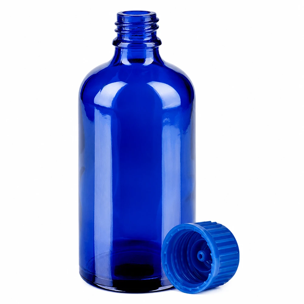 Frasco 100ml 11mm tapón rosca azul estándar BlueLine UT18/100 Frasco cuentagotas azul de 100 ml con rosca de 11 mm para aceites esenciales y esencias