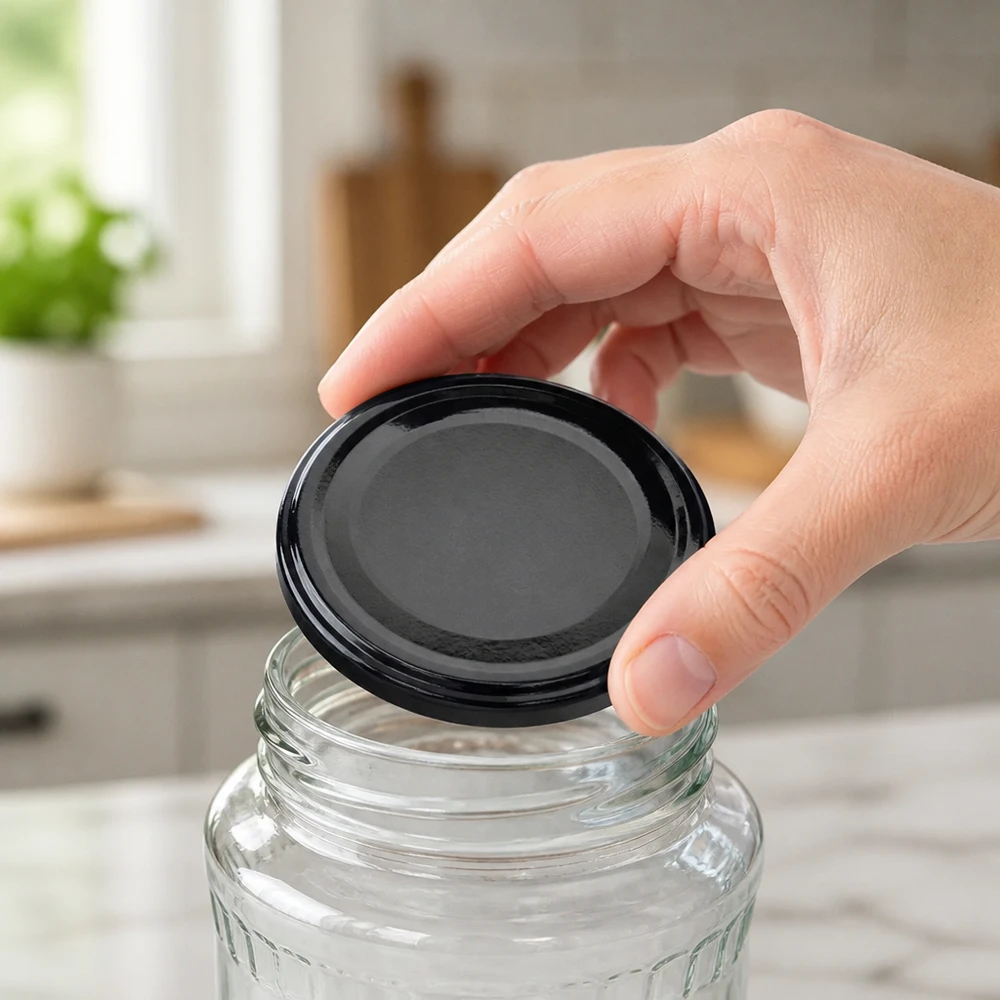 La tapa UNiTWIST BasicSeal TO48 negra se coloca sobre un tarro de conserva vacío en una cocina luminosa