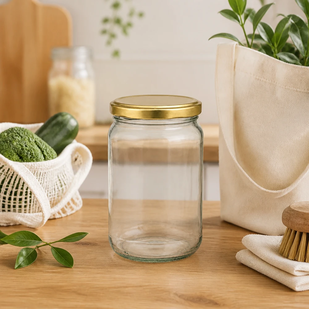 Tarro redondo 305ml con tapa BasicSeal oro UNiTWIST 305ml Rundglas BasicSeal UNiTWIST gold in nachhaltiger Küchenszene mit Öko-Tasche und Zero-Waste-Zubehör