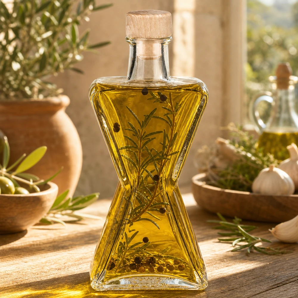 Botella de cristal de 200 ml Star llena de aceite de hierbas y romero - UNiTWIST tapón de madera para aceites aromatizados y vinagres