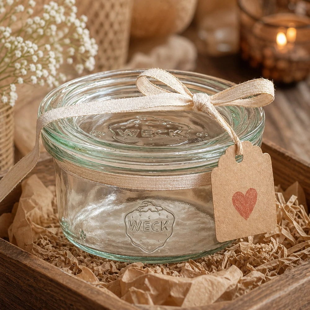 Vasos WECK 50ml presentados como regalo decorativo con lazo y colgante de corazón en un ambiente rústico