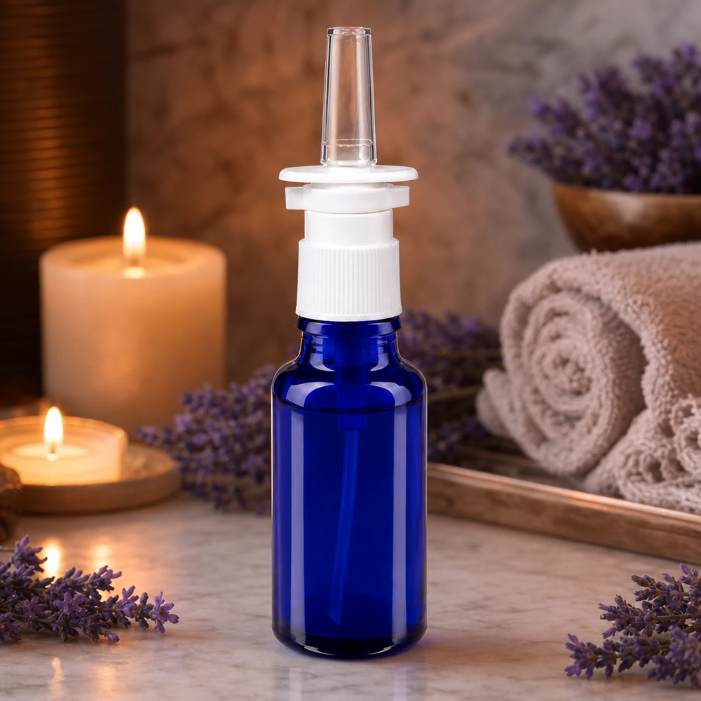 Frasco de spray nasal de 20 ml de color azul cobalto con anilla roscada blanca y boquilla cónica de cristal transparente