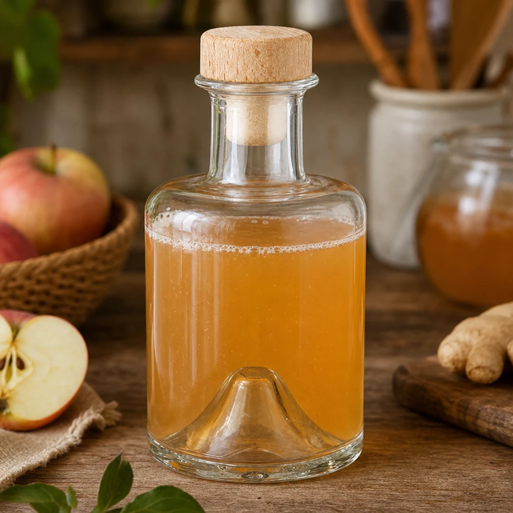 Botella de cristal Sofía de 200 ml con tapón de madera llena de vinagre de sidra de manzana junto a manzana y jengibre en una escena de cocina natural