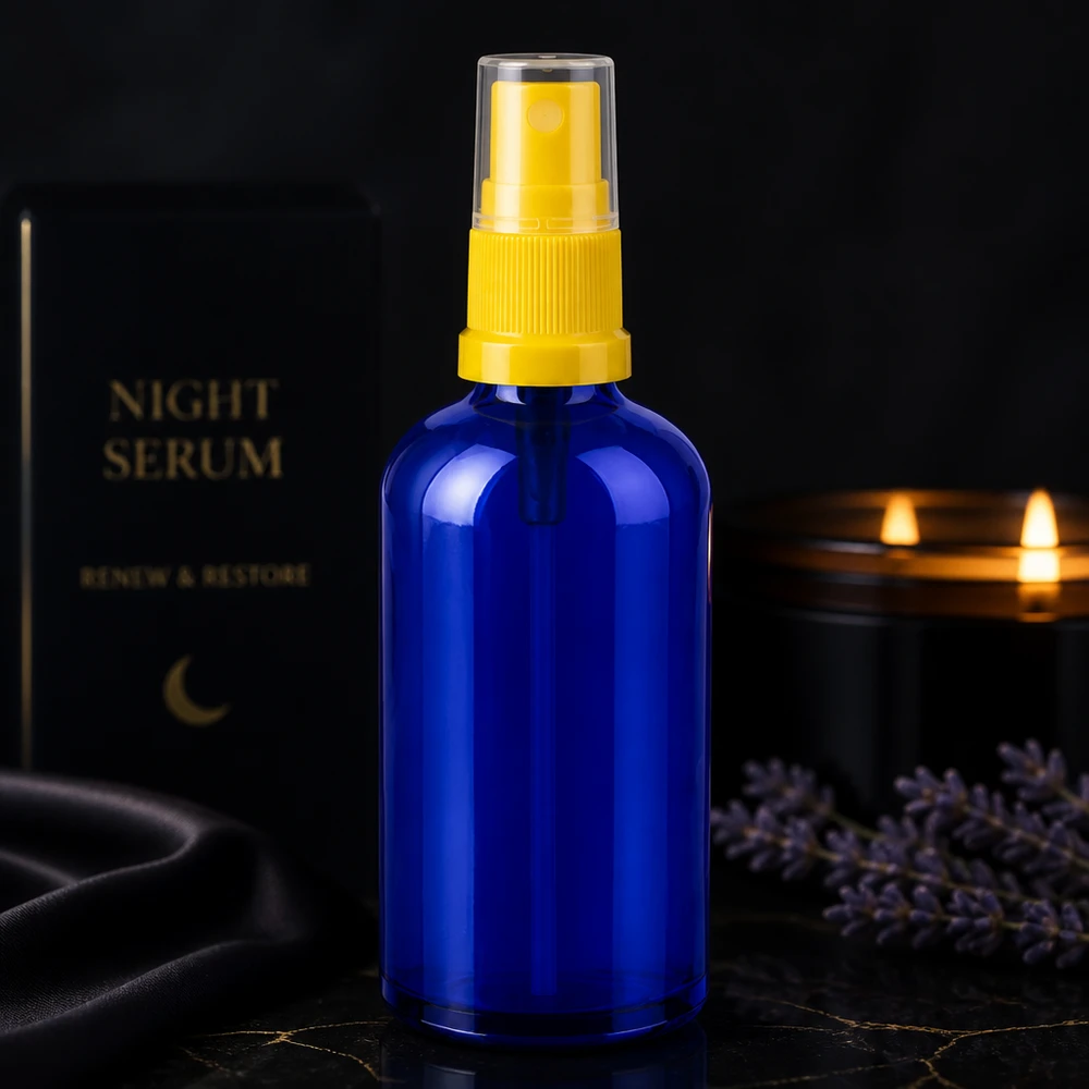Frasco pulverizador de 100 ml amarillo/transparente con tapón estándar BlueLine UT18/100 Robusto frasco de cristal de 100 ml con bomba pulverizadora para una dosificación precisa de sueros y esencias
