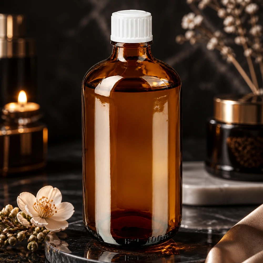 Frasco de cristal de 100 ml de color ámbar con tapón dosificador blanco para cosmética natural y aromaterapia