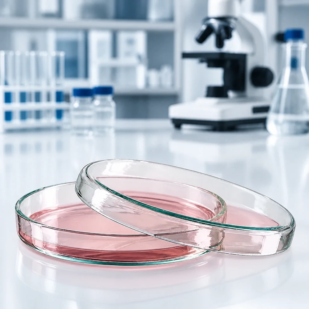 Dos placas de Petri de cristal de 90 x 15 mm con un líquido de cultivo celular de color rosa en el laboratorio de investigación
