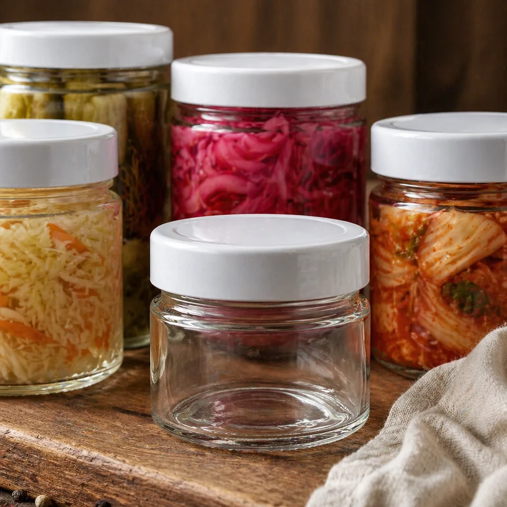 Tarro redondo de 80 ml vacío con tapa blanca BasicSeal junto a tarros llenos de verduras en escabeche y alimentos fermentados