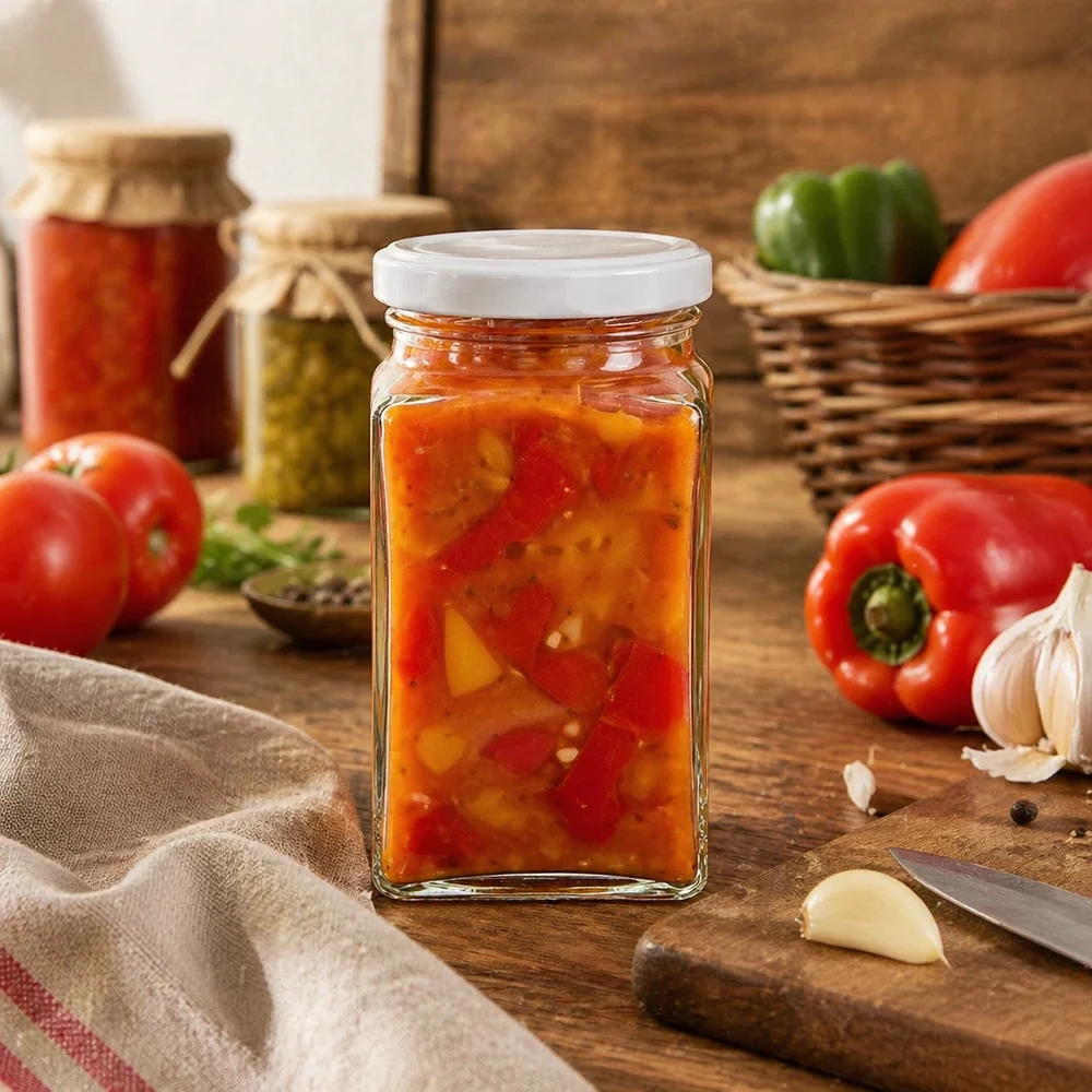 Tarro tetra de 260 ml de BasicSeal relleno de verduras para untar junto con pimientos, tomates y ajo conservas rústicas de cocina