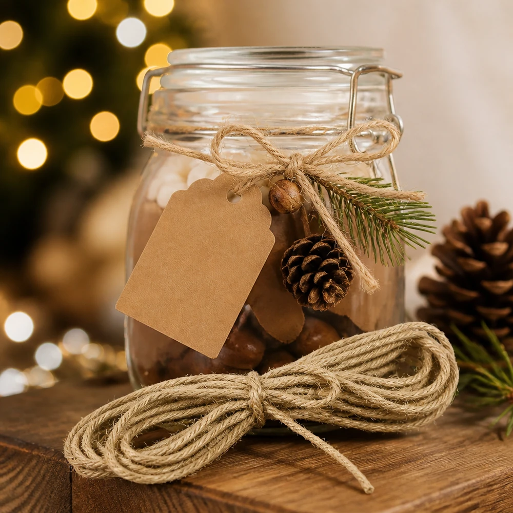 Cordón de yute natural de 300 cm como decoración navideña con piñas y etiqueta de regalo en un tarro decorado festivamente