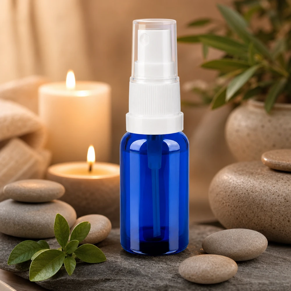 Frasco pulverizador 20ml blanco/transparente tapón estándar BlueLine UT18/20 Pulverizador de vidrio azul de 20 ml con atomizador blanco para cosméticos y productos naturales de bricolaje