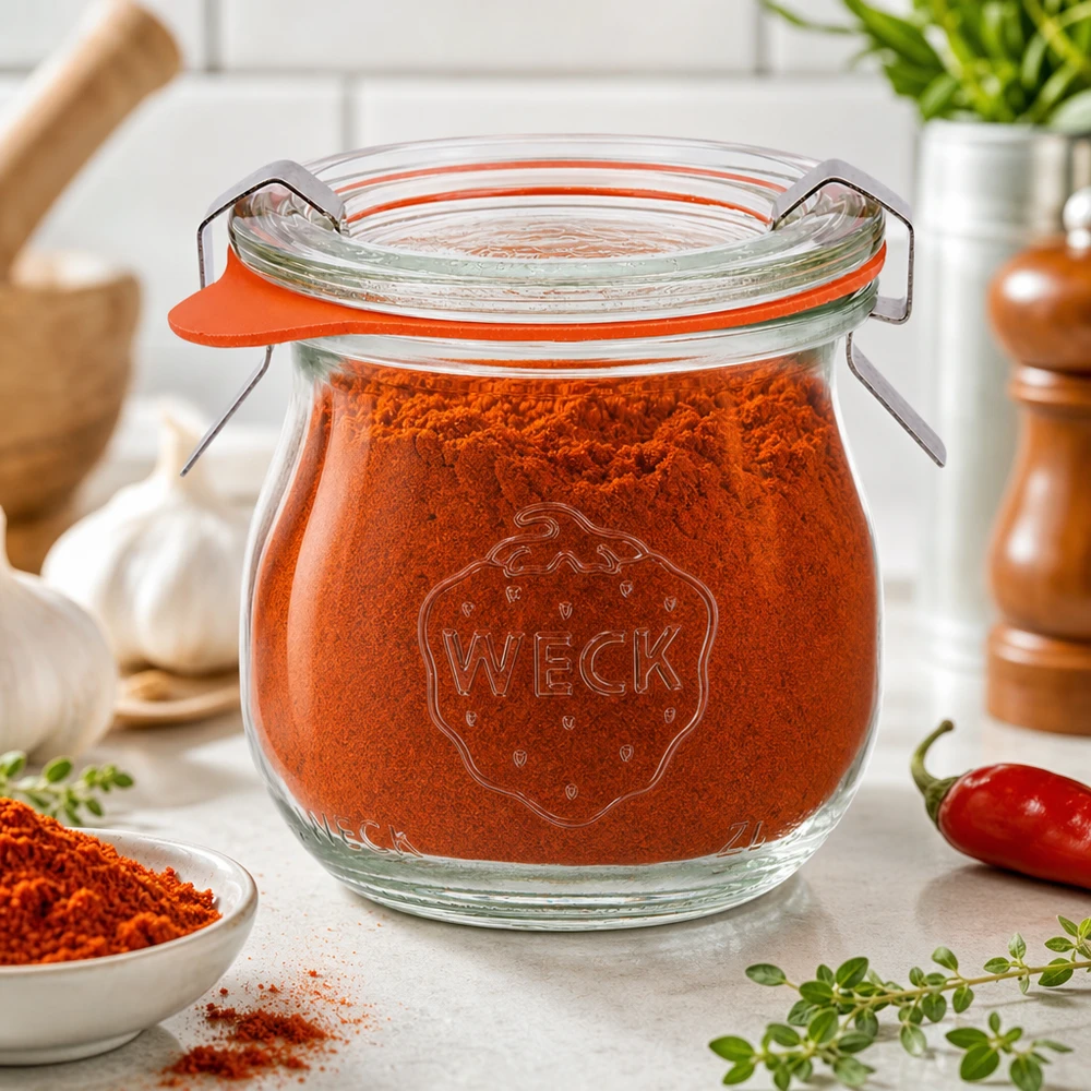 Tarro tulipán 75ml completo WECK RR40 WECK tarro tulipán 75ml RR40 relleno de pimentón en polvo en cocina mediterránea de especias con hierbas frescas y guindilla