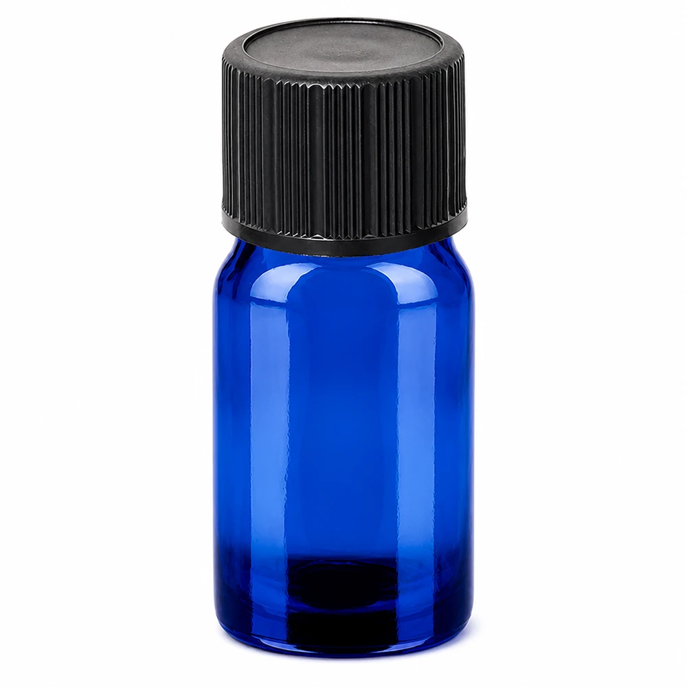 Frasco cuentagotas de cristal azul de 5 ml con tapón de rosca negro para aceites esenciales y tinturas