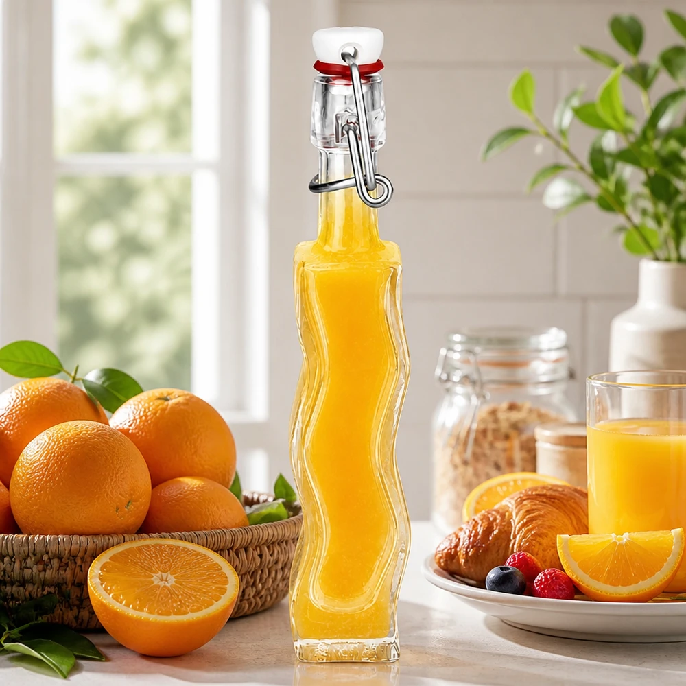 Botella de cristal Anna de 40 ml con relleno de color naranja junto a naranjas frescas y cruasanes en una soleada escena de cocina
