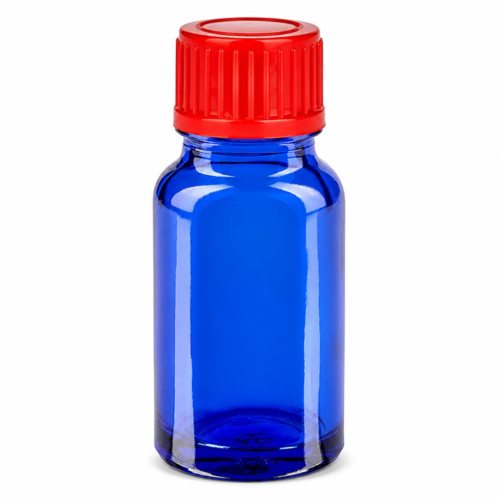 Frasco de vidrio azul de 10 ml con tapón de rosca rojo para aplicaciones de laboratorio y productos químicos