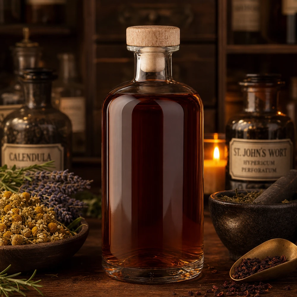 Botella de farmacia de 500 ml «Flora» con tapón de corcho con asa de madera UNiTWIST® 500ml botella de vidrio Flora con corcho de madera tintura marrón entre hierbas Caléndula St Johnswort Botica ambiente