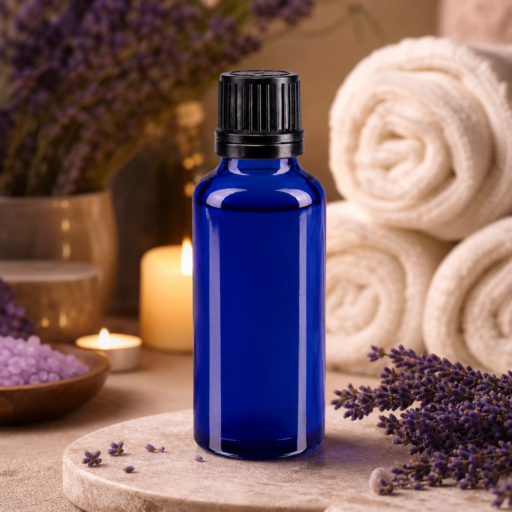 Frasco cuentagotas azul de 30 ml, de cristal de farmacia, con tapón original a prueba de niños