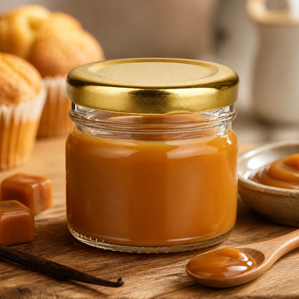 Frasco redondo de cristal de 33 ml + tapa BasicSeal dorada UNiTWIST Crema de caramelo en un tarro redondo pequeño de cristal de 33 ml con tapa BasicSeal dorada, sobre una tabla de madera con una vaina de vainilla