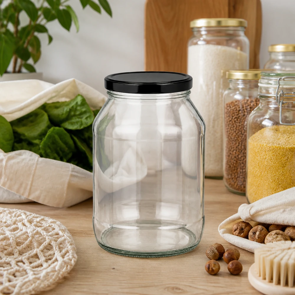 Tarro redondo de 2650 ml con tapa BasicSeal negra UNiTWIST Leeres 2650ml Rundglas mit schwarzem Deckel auf Holztisch mit Nüssen Getreide und nachhaltigen Küchenutensilien