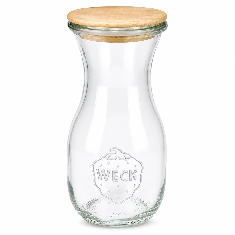 Botella de zumo de 290ml Edition RR60 con tapa de madera Botella de zumo WECK de 290 ml de vidrio con tapa de madera y logotipo en relieve sobre fondo blanco