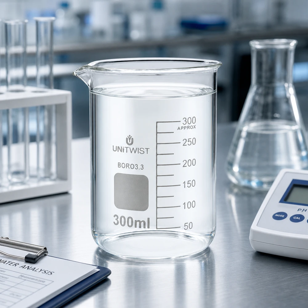 Vaso de precipitados UNiTWIST de 300 ml, de borosilicato, de perfil bajo, en un laboratorio profesional sobre una mesa de acero inoxidable