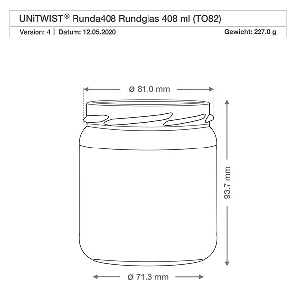 Tarro de cristal redondo de 408ml sin tapa (TO82) UNiTWIST UNiTWIST Runda408 vaso redondo 408ml TO82 dibujo técnico con dimensiones diámetro 81mm altura 93,7mm peso 227g