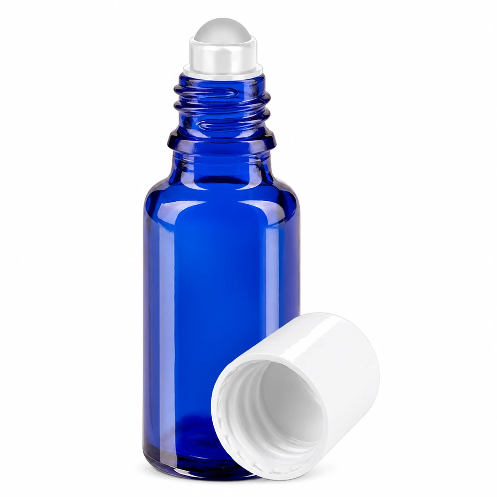 Botella de farmacia azul 20ml tapón roll-on blanco Frasco azul de 20 ml con aplicador de bola, de cristal de farmacia, con tapón blanco y bola aplicadora
