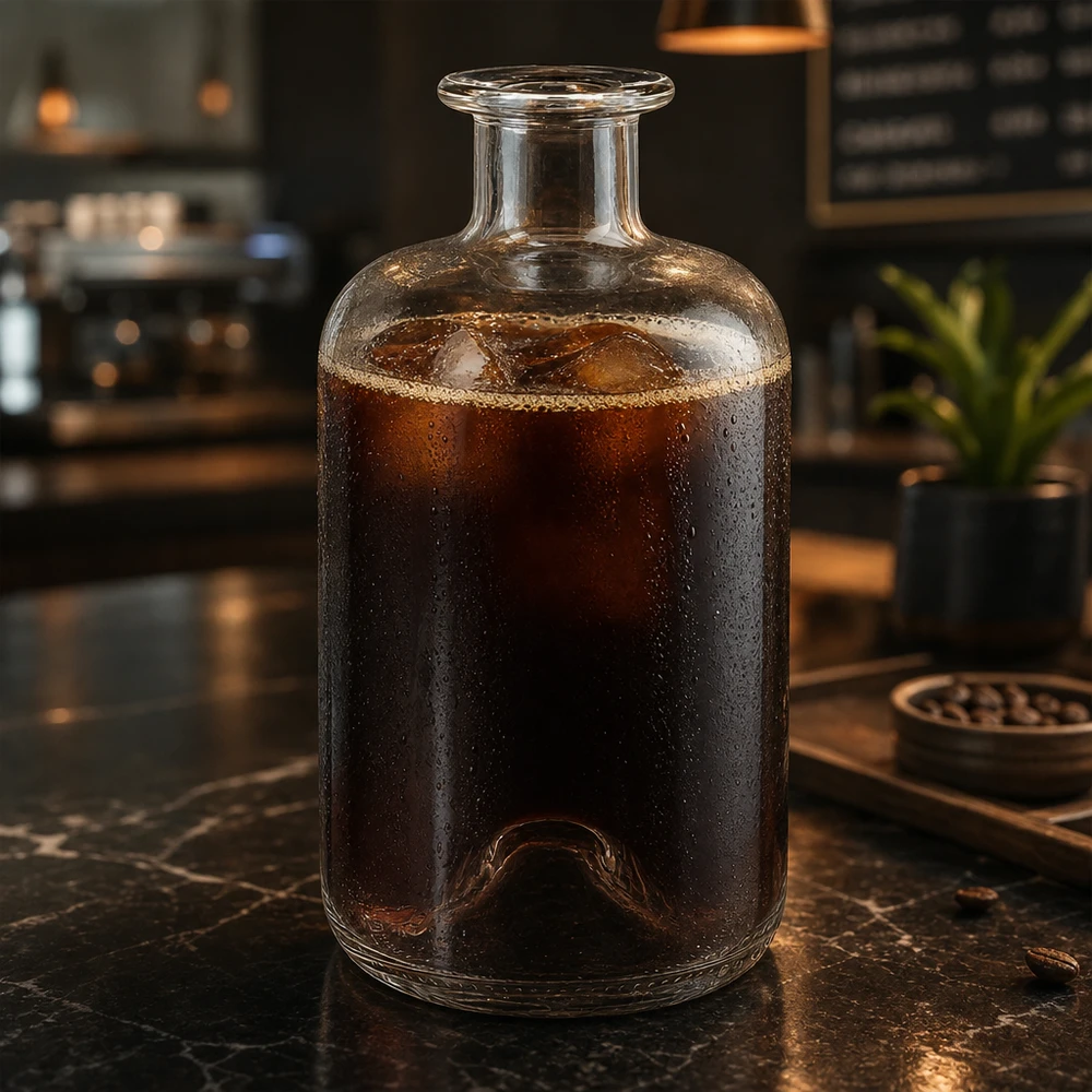 Botella de boticario Luna 500ml llena de café cold brew sobre una mesa de mármol en un ambiente de cafetería moderna