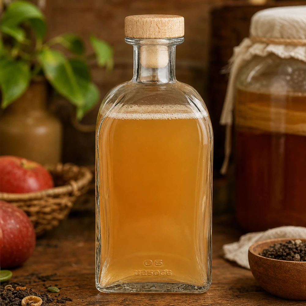 Botella de cristal Julia de 500 ml con tapón de madera llena de zumo de manzana entre manzanas y especias en la encimera de la cocina