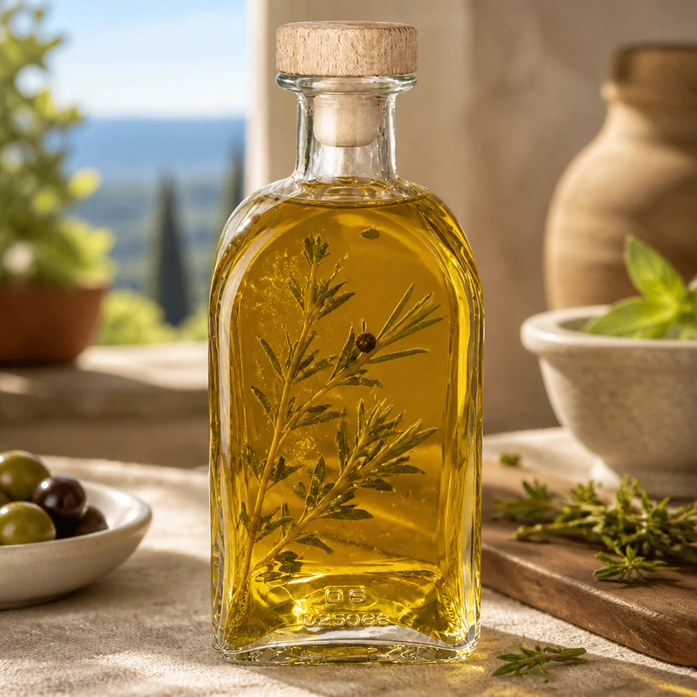 Botella de farmacia de Julia ml «Carre» con tapón de corcho con asa de madera UNiTWIST® 500ml Glasflasche Julia mit Holzkorken gefüllt mit Kräuteröl mediterranes Ambiente Olivenöl Gewürzöl Dekoration