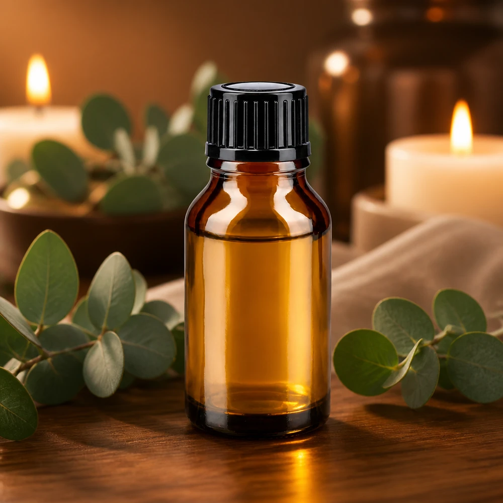 Frasco pequeño de farmacia de 15 ml, de color marrón con tapón negro, con velas y eucalipto