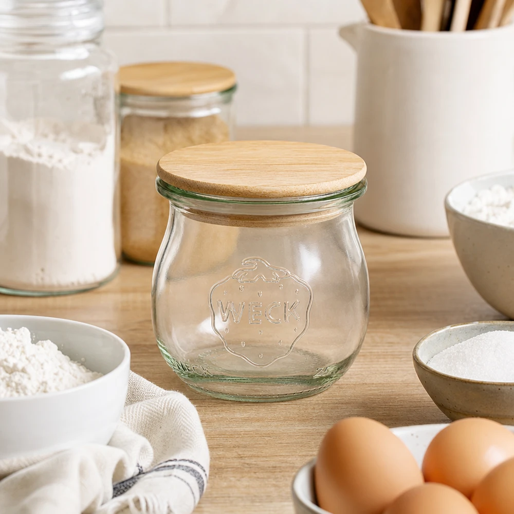 Tarro tulipán WECK RR40 75ml con tapa de bambú en una cocina moderna rodeado de huevos, harina y utensilios de cocina