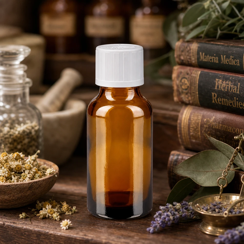 Frasco de farmacia de vidrio ámbar de 20 ml con tapón de seguridad para niños de color blanco, junto a la Materia Médica y los libros de hierbas medicinales