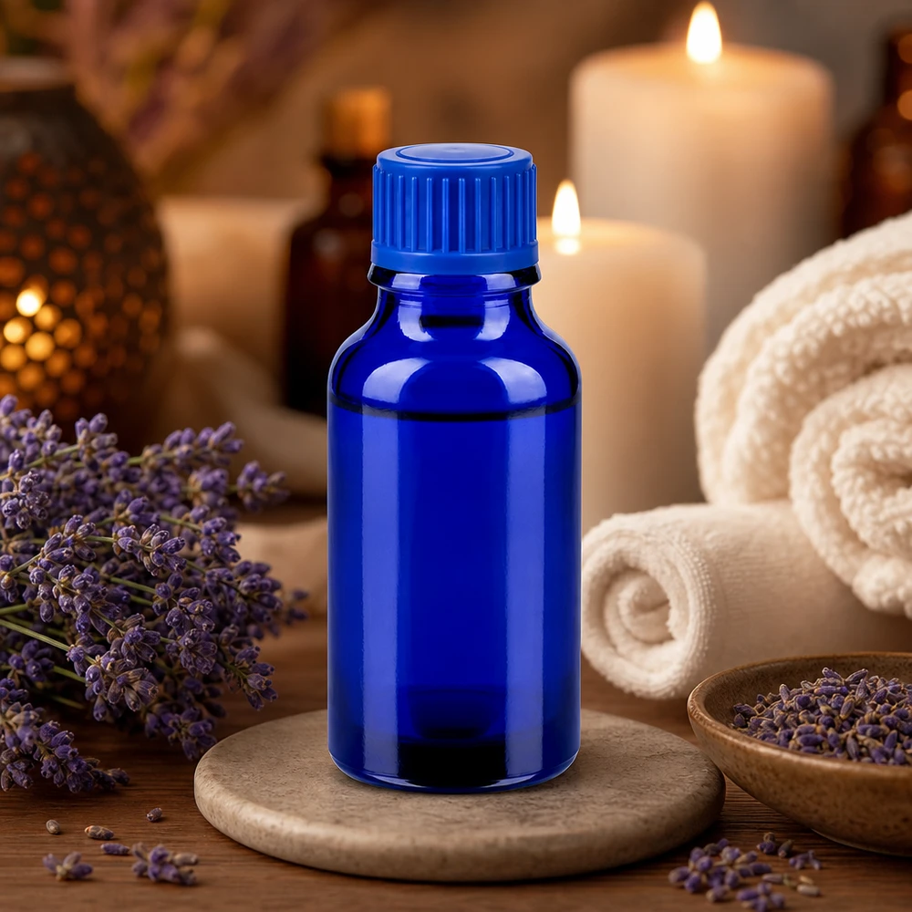 Frasco de vidrio compacto de 20 ml en azul con tapón estándar de 11 mm para una dosificación precisa