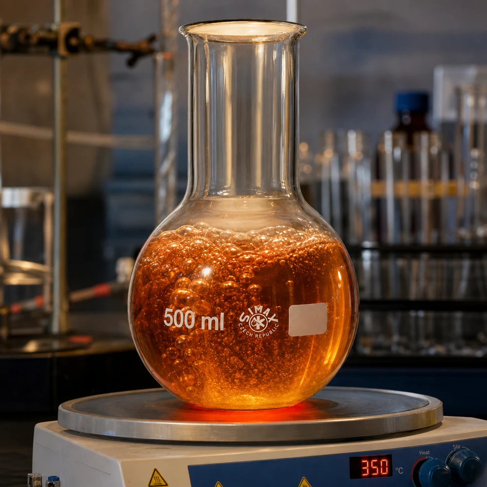 Matraz vertical de 500 ml sobre placa calefactora a 350°C para procesos de destilación y calentamiento en el laboratorio