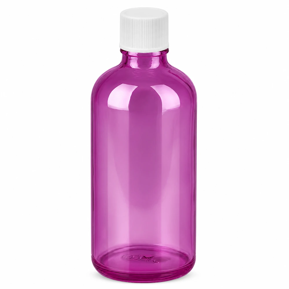 Frasco de vidrio de 100 ml de color morado con tapón de rosca blanco de 11 mm para cosméticos y productos farmacéuticos