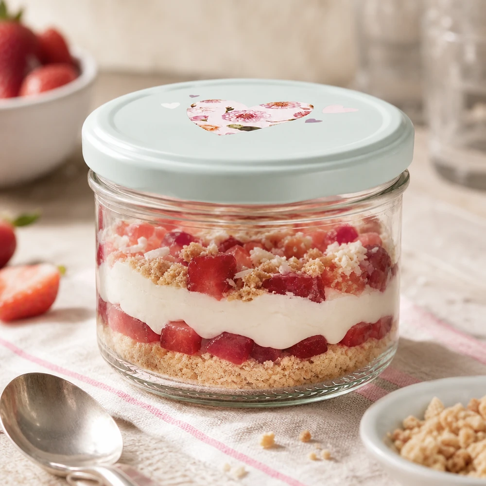 Tarro cilíndrico de 230 ml con tapa BasicSeal corazón de menta para postre en capas con fresas, nata y virutas como postre