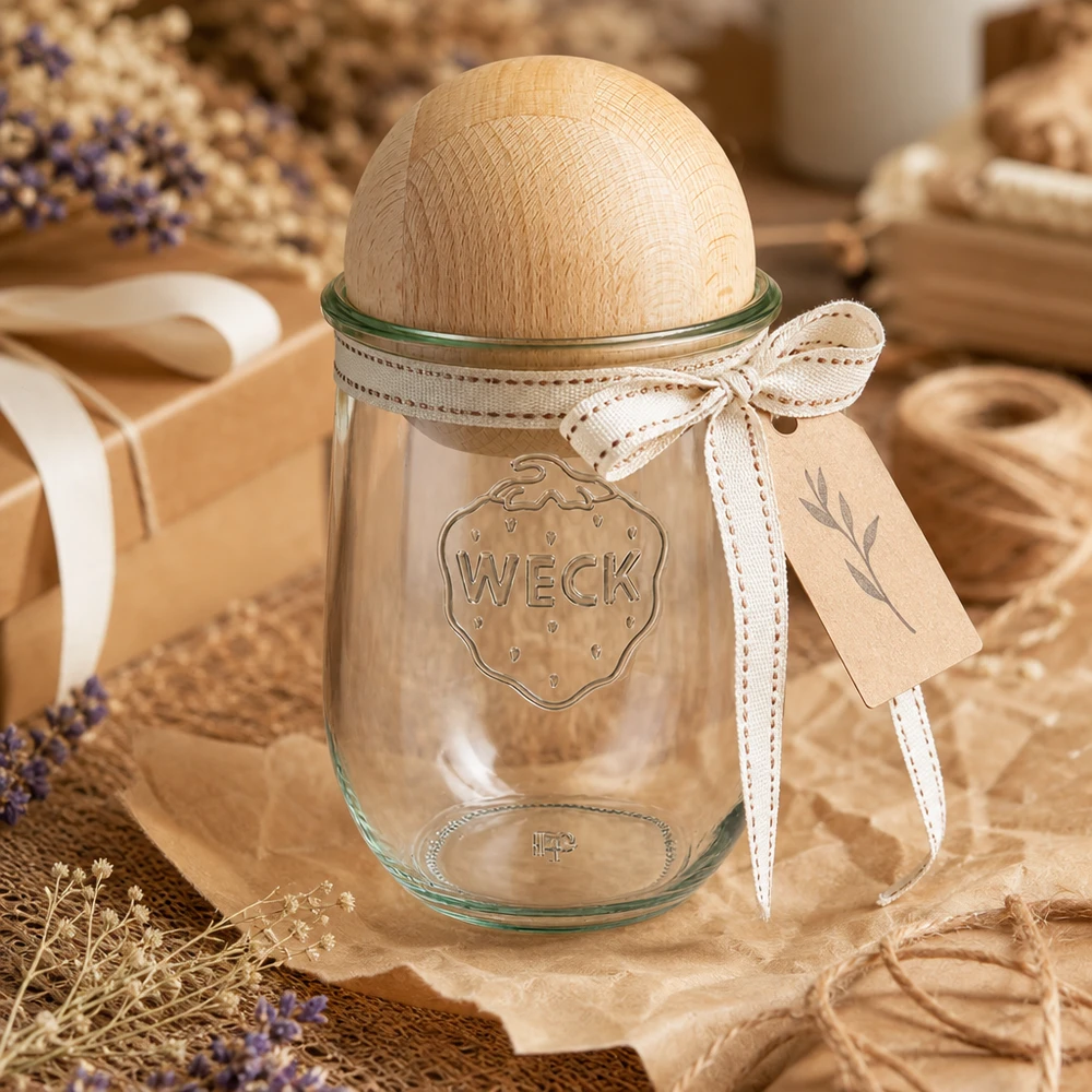 Tarro de almacenaje WECK RR100 1062ml con tapa de bola de haya en decoración natural de casa de campo con lavanda y cinta de madera