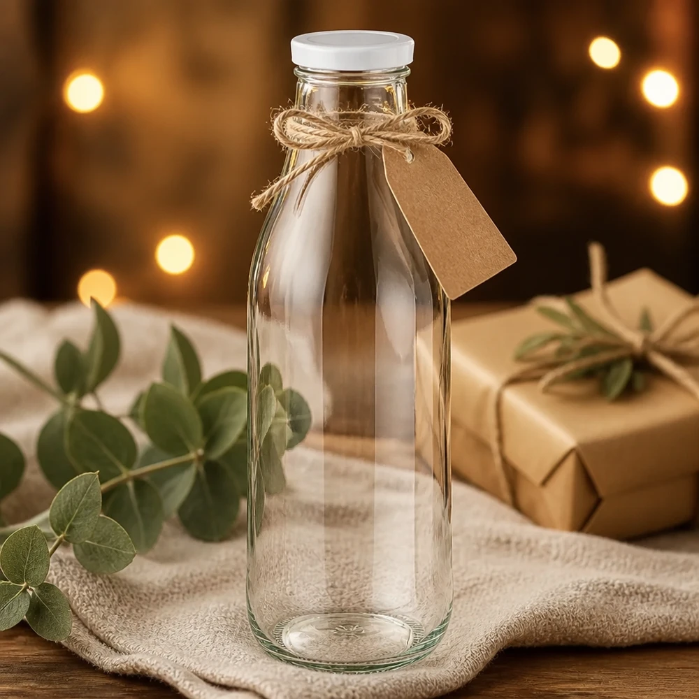 Botella de vidrio de 1000 ml + tapa BasicSeal blanca UNiTWIST Botella de vidrio de 1000 ml tapa BasicSeal envase de regalo blanco bolsa de yute decoración eucalipto luz cálida presentación rústica