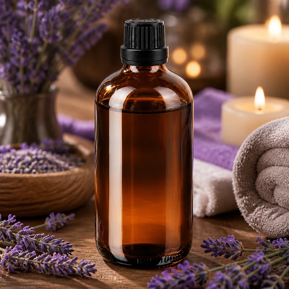 Frasco de farmacia de 100 ml de cristal ámbar con un gotero de 2 mm, rodeado de flores de lavanda y velas