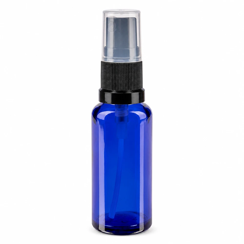 Frasco de cristal azul de 30 ml con pulverizador negro y tapón protector transparente para uso farmacéutico