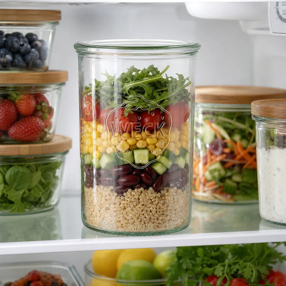 Tarro de cristal de 1000 ml WECK RR100 WECK Sturzglas 1000ml mit buntem Schichtsalat im Kühlschrank - perfekt für Meal Prep und stylische Aufbewahrung
