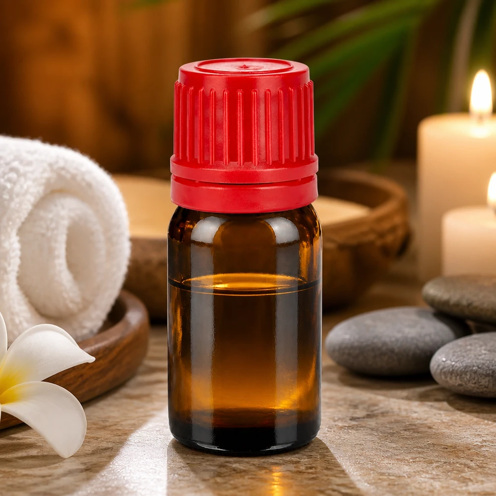Frasco de aromaterapia de 5 ml en vidrio ámbar con tapón rojo a prueba de manipulaciones para niños
