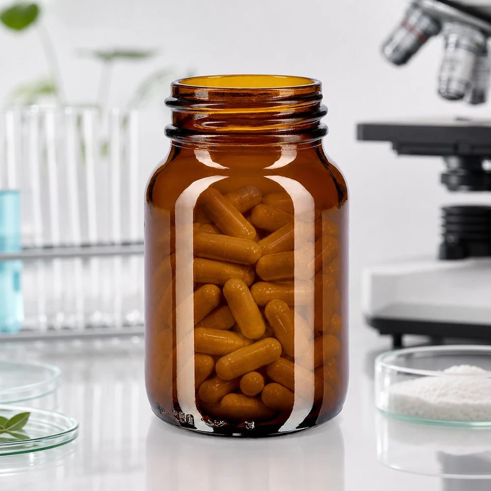 Frasco compacto de 250 ml y cuello ancho de vidrio ámbar, perfecto para aplicaciones de laboratorio y medicamentos
