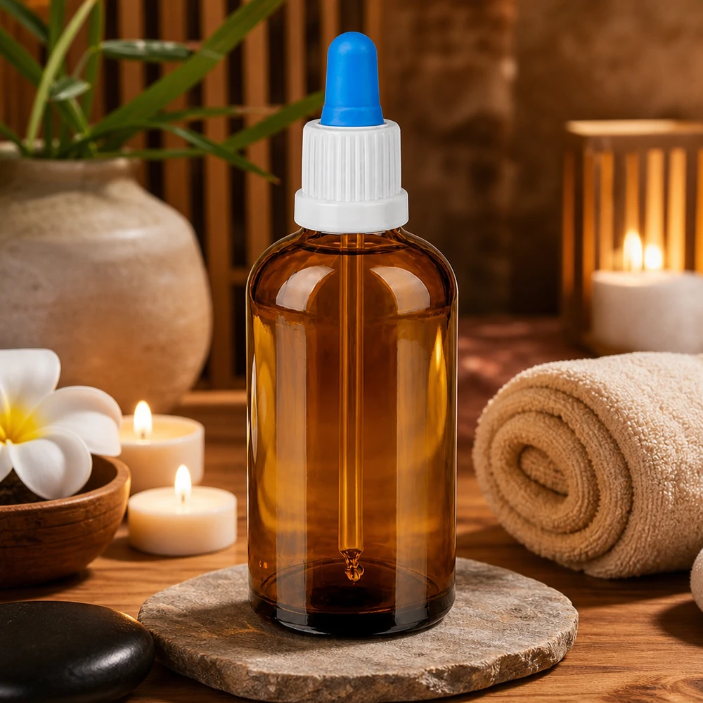 Frasco pipeta 100ml blanco/azul cierre inviolable BrownLine UT18/100 Frasco de farmacia de 100 ml de vidrio protector marrón con pipeta cuentagotas para una dosificación precisa del líquido