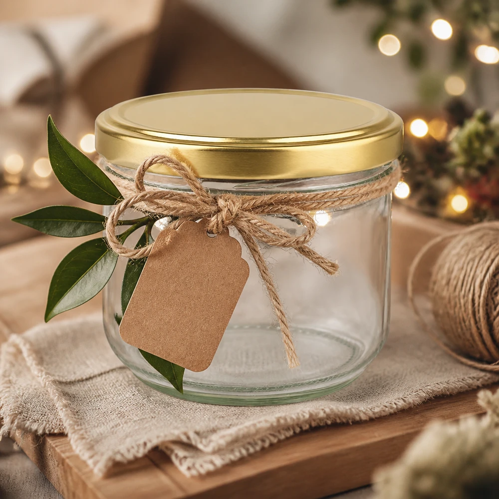 Vasos de 260ml con tapa BasicSeal oro UNiTWIST Tarro BasicSeal de 260 ml con tapa dorada UNiTWIST decorado para Navidad con una cinta de rafia y una etiqueta de regalo