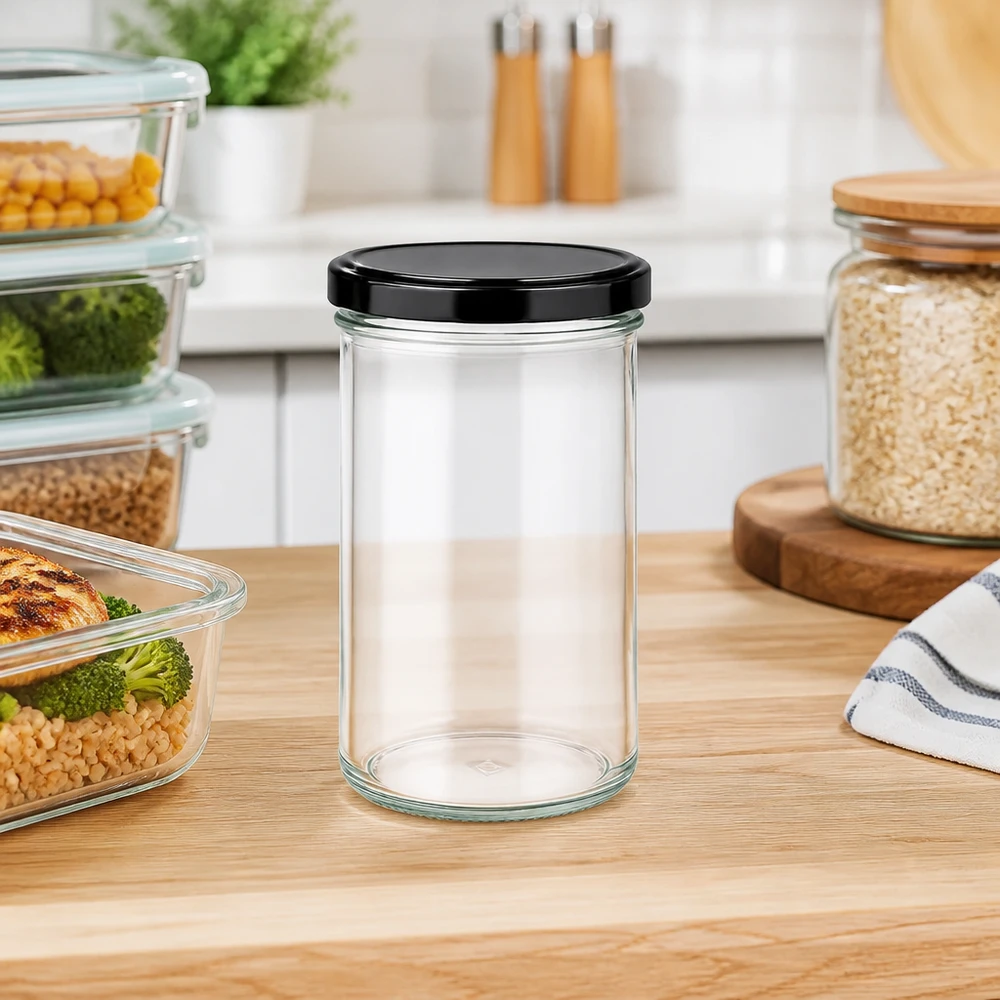 Vasos de 277ml con tapa BasicSeal negro UNiTWIST 277ml Sturzglas in moderner Küche als Vorratsglas für Lebensmittel neben Meal-Prep-Behältern auf Holzarbeitsplatte