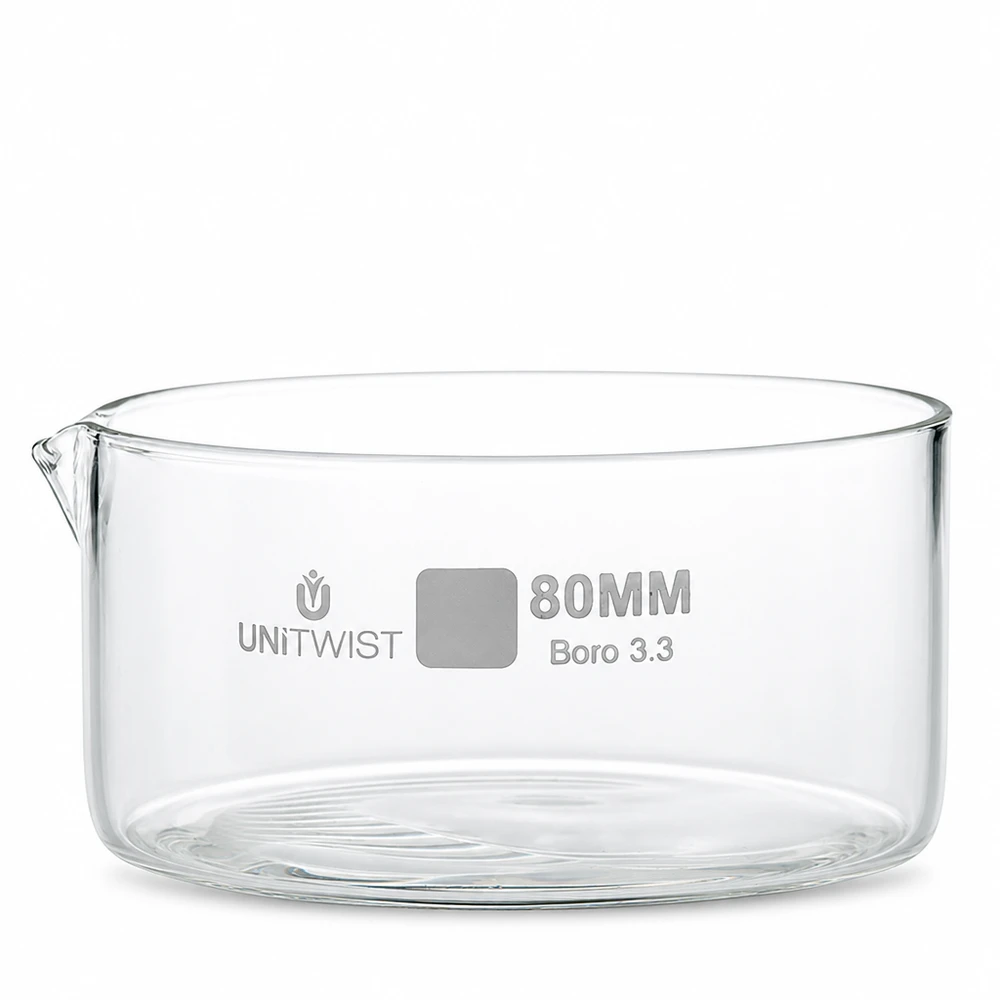 Recipiente de cristalización de 80 mm, fabricado en vidrio borosilicato transparente 3.3 de UNiTWIST, con pico vertedor