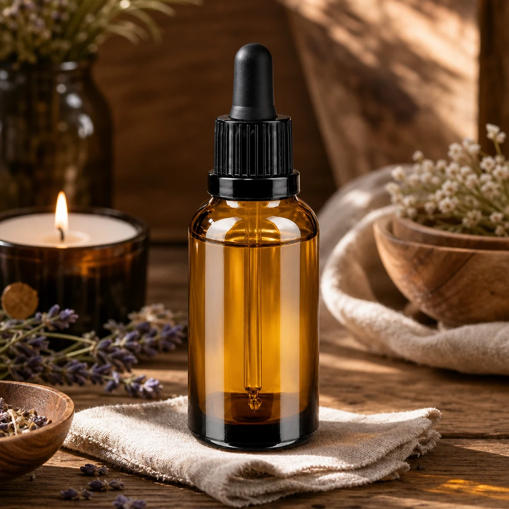 Frasco pipeta 30ml cierre inviolable negro BrownLine UT18/30 Elegante frasco pipeta de 30 ml en vidrio ámbar con gotero negro para el cuidado natural de la piel