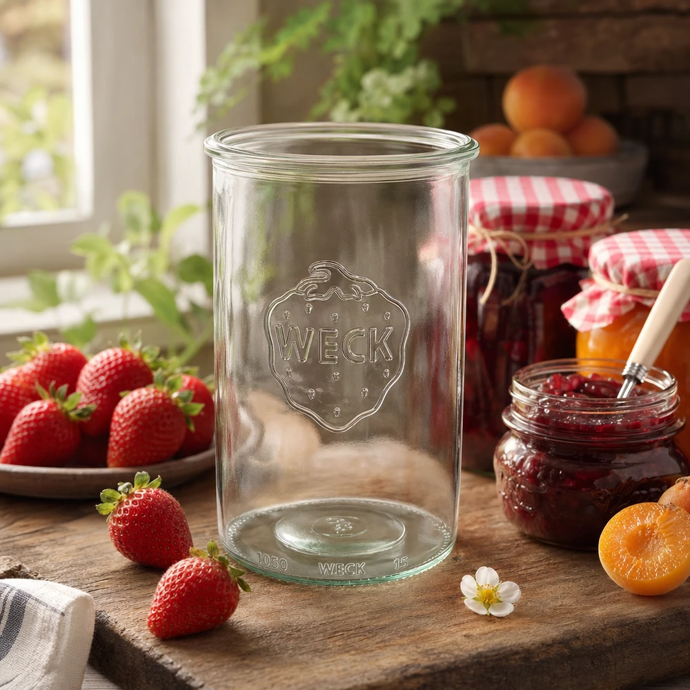 Tarro de cristal de 1000 ml WECK RR100 Tarro de conserva WECK RR100 de 1000 ml sobre una mesa de madera con fresas frescas y mermelada casera.